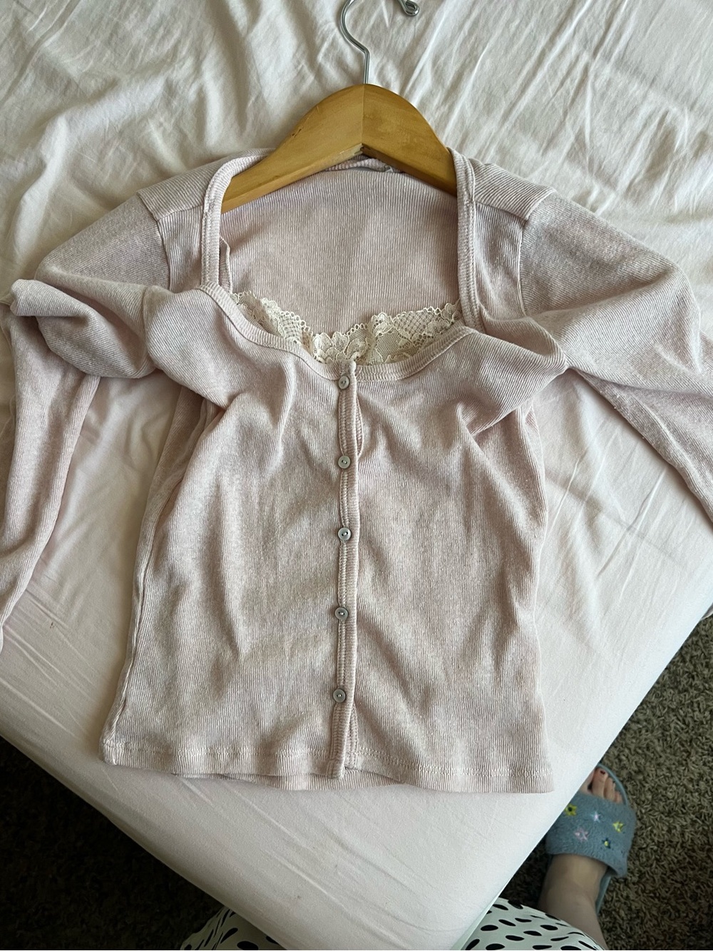 Zara Light Pink Long Sleeve Button-Up Top with Lace Trim